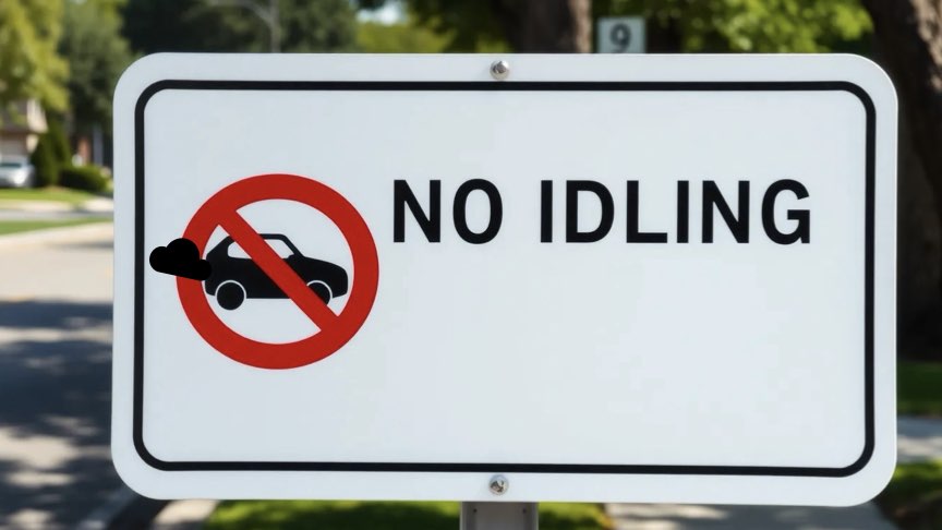 Realistic image of a U.S. "No Idling" street sign with bold black text and a red circle/slash over a car emitting exhaust, mounted on a metal post beside a suburban road.