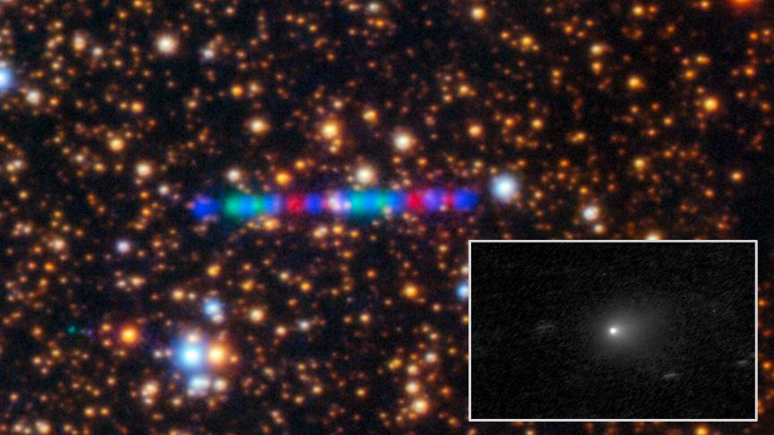 3I/ATLAS, moment across field of stars. Inset: 3I/Atlas as seen by Hubble Space Telescope.