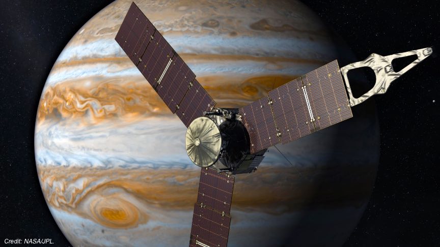 NASA rendering of the Juno Spacecraft in Jupiter orbit.