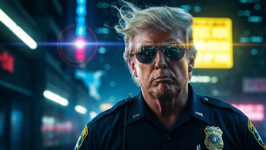 An AI illustration depicting President Trump as a police officer on patrol in the city at night